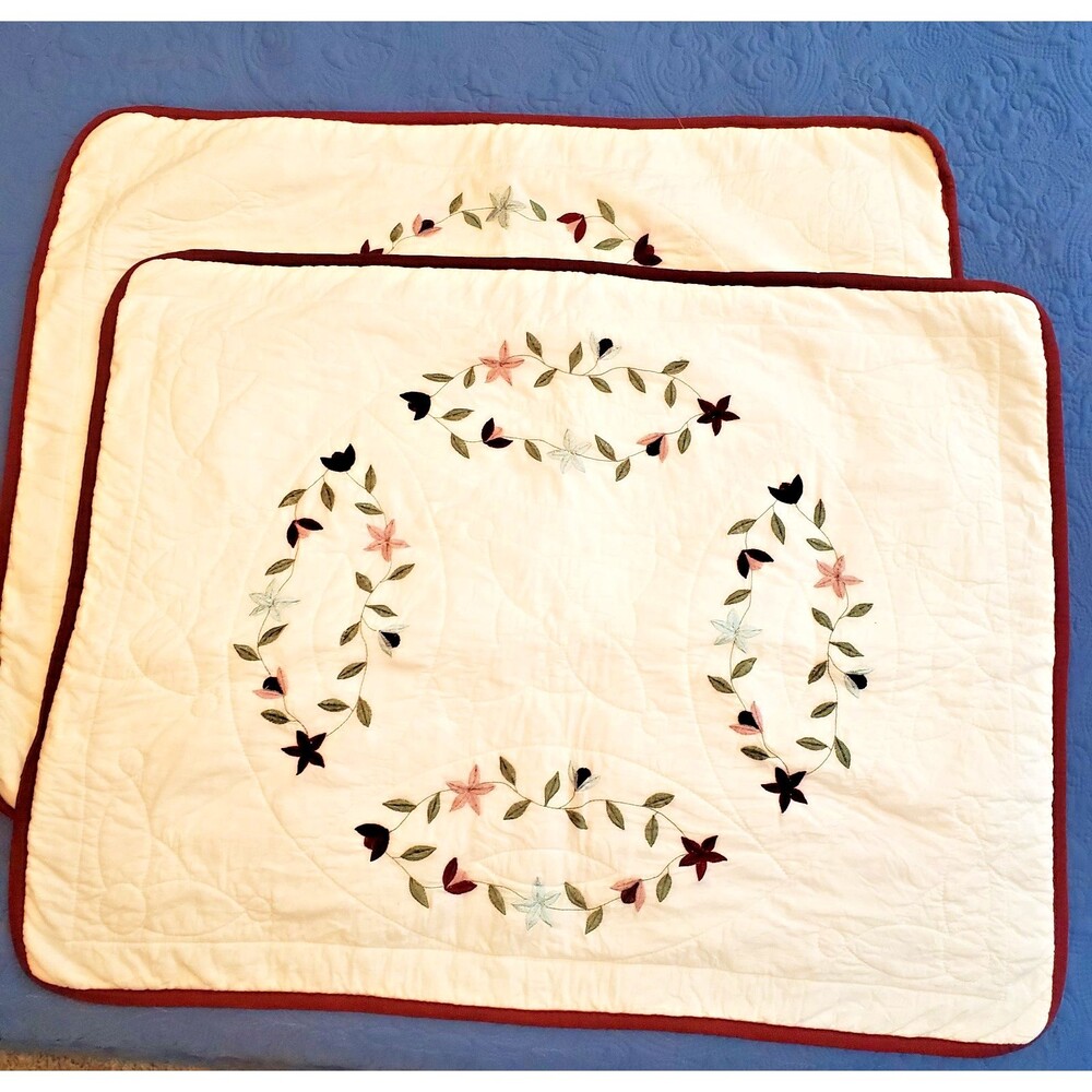 JCPenny Pillow Sham set 2 Cream Burgundy Quilted Embroidery 23x29" Standard Flaw
